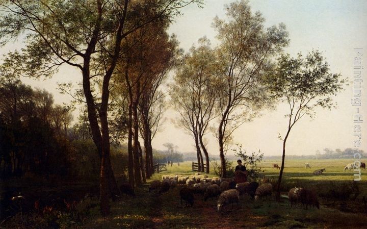 Julius Jacobus Van De Sande Bakhuyzen A Shepherdess And Her Flock On A Country Lane